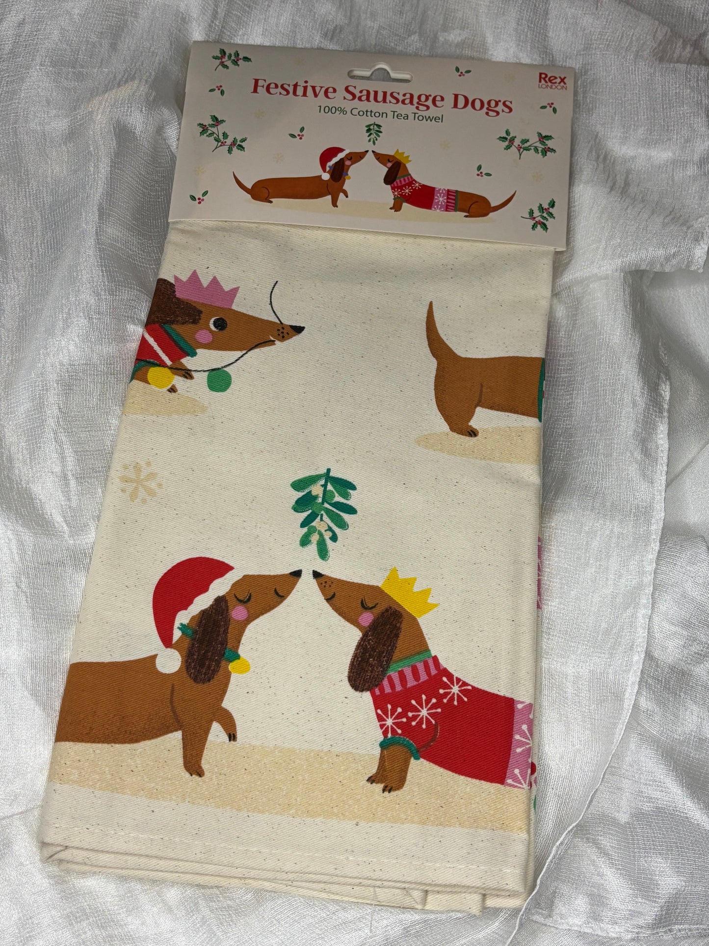 Katoenen theedoek - Feestelijke Worsthond